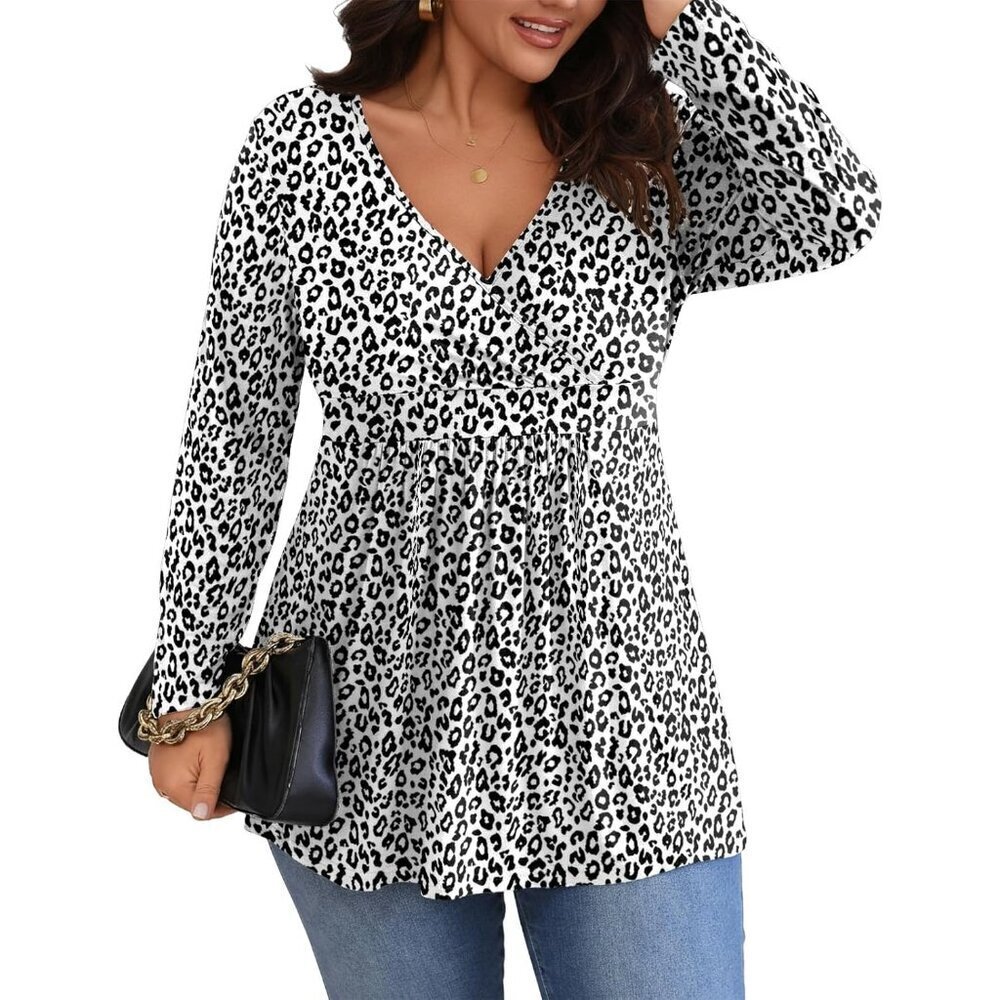 Plus Size Long Sleeve Tops Rayon Spandex V-Neck Casual Work Shirt